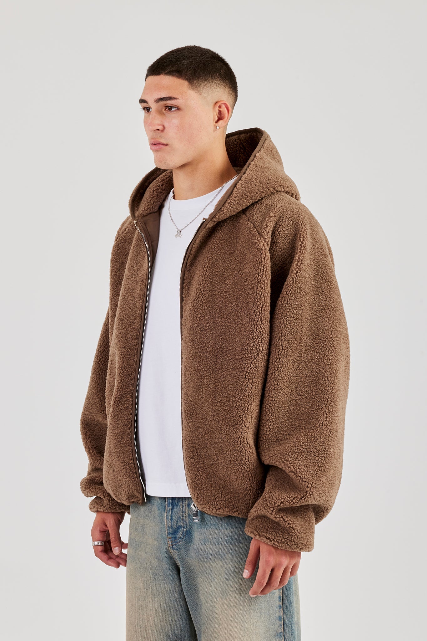 Oversized Borg Zip Hoodie - Chocolate